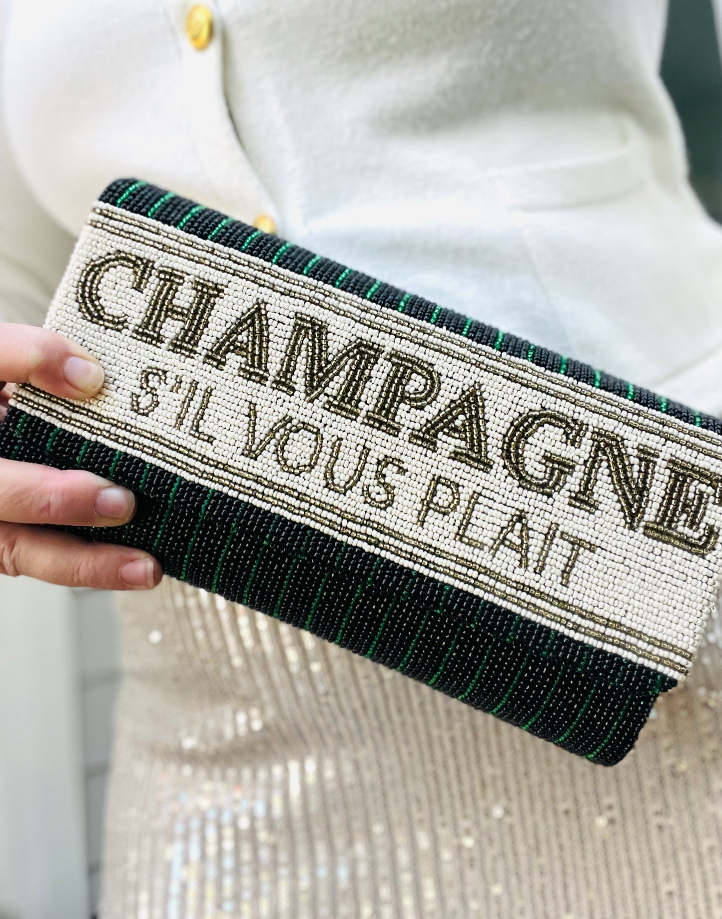 Champagne S’il Vous Plait Beaded Clutch