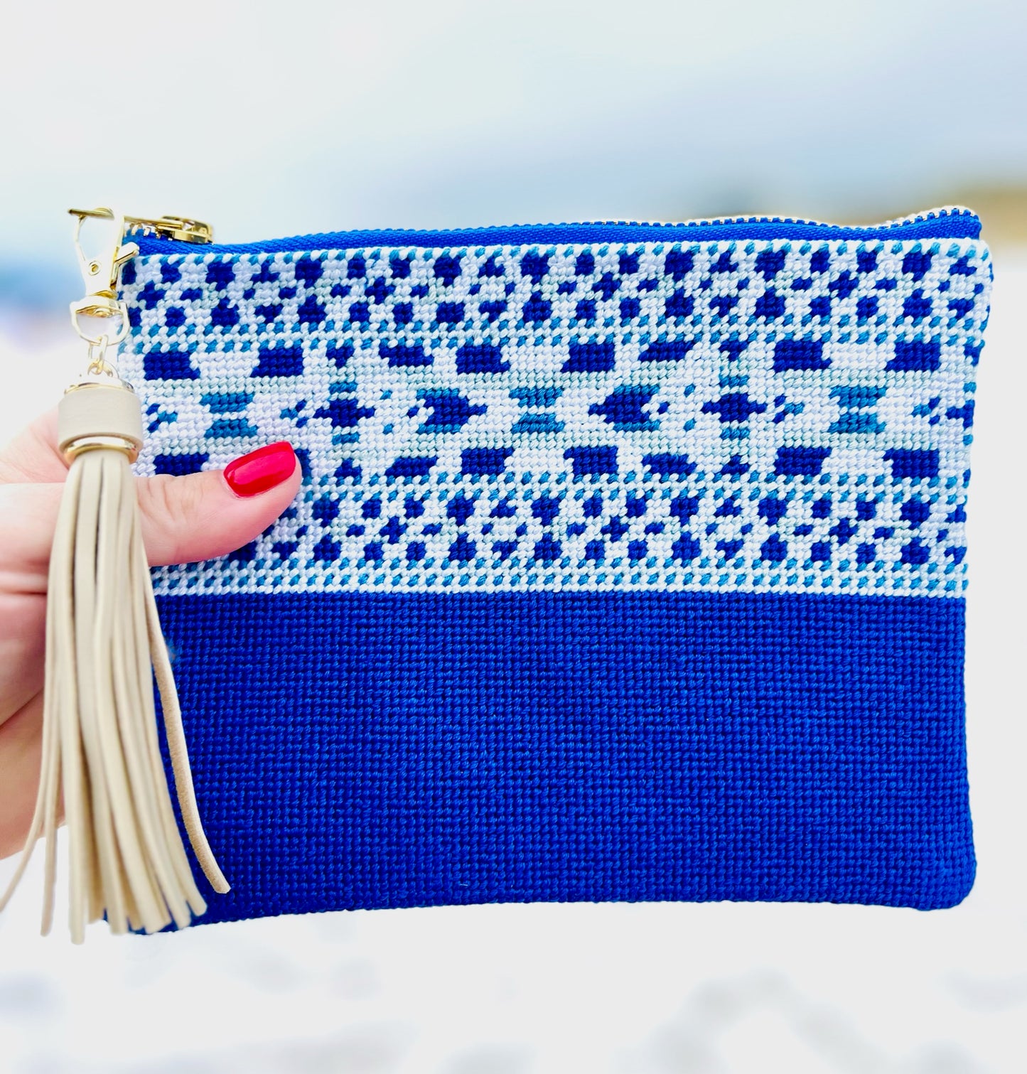 The Ribbon Needlepoint Clutch in Blue