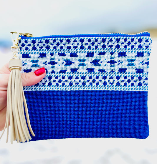 The Ribbon Needlepoint Clutch in Blue