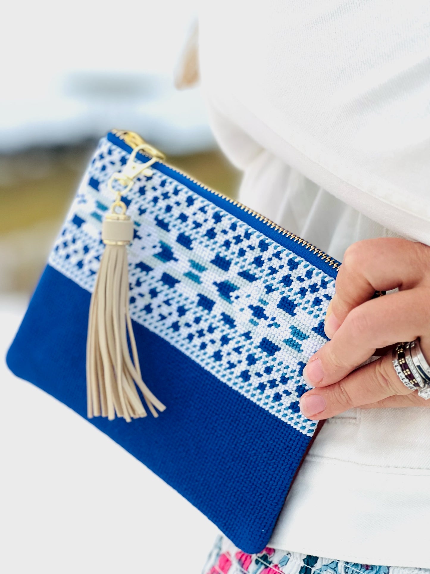 The Ribbon Needlepoint Clutch in Blue
