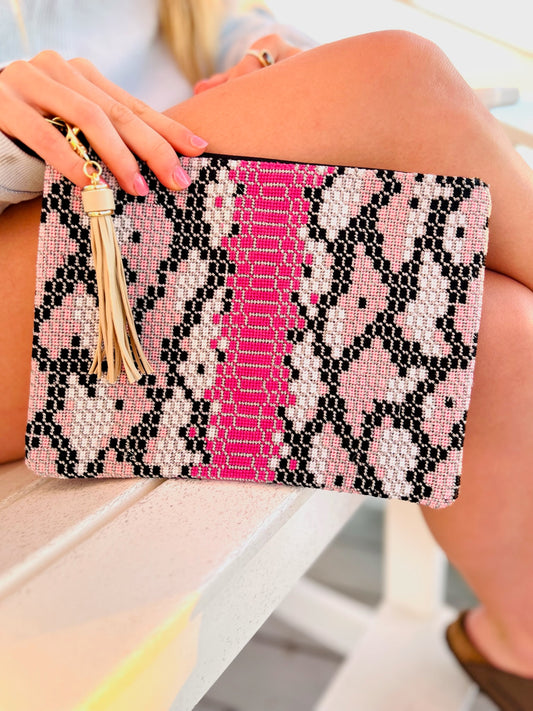 Pink Snakeskin Needlepoint Clutch