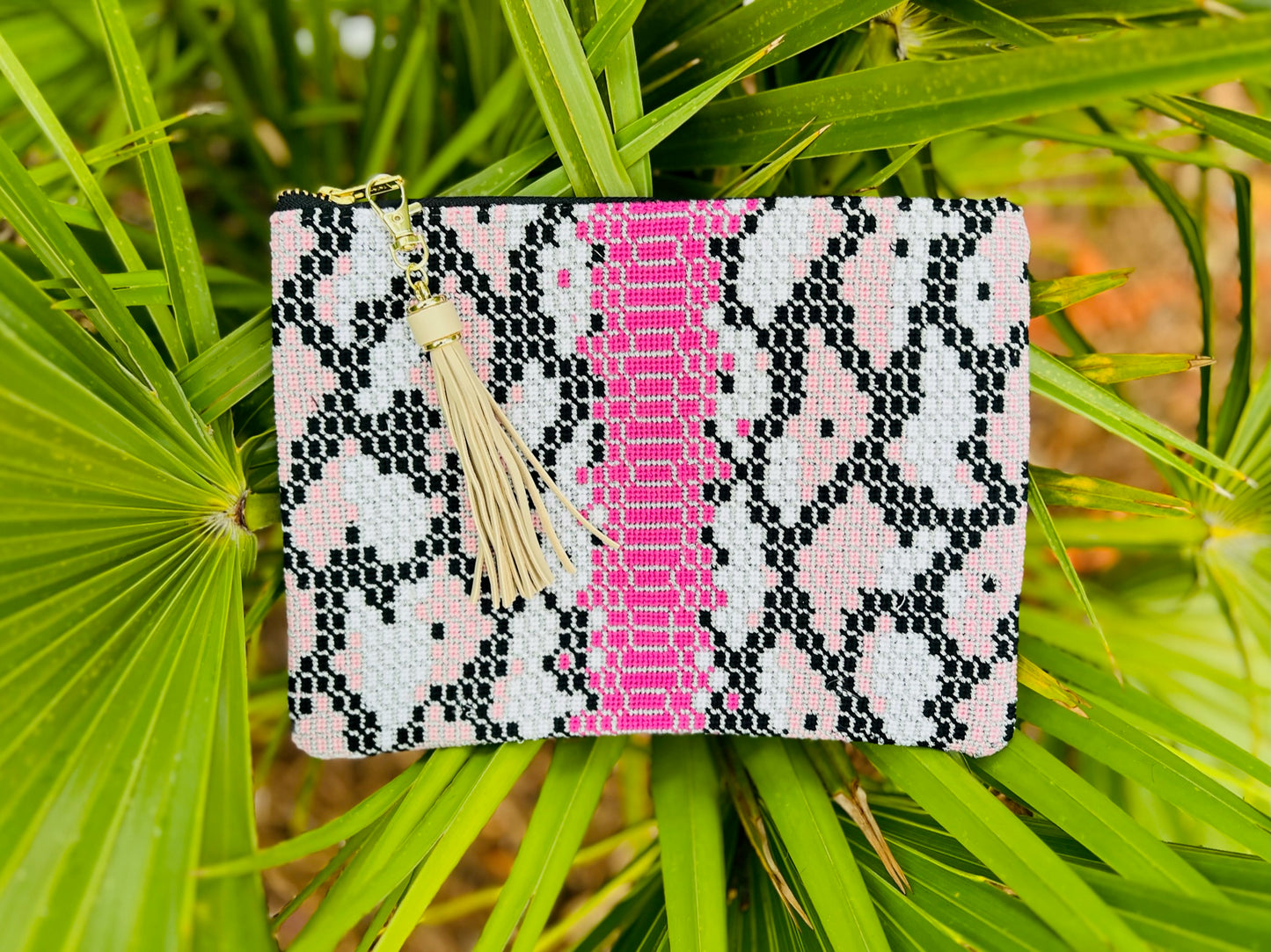 Pink Snakeskin Needlepoint Clutch