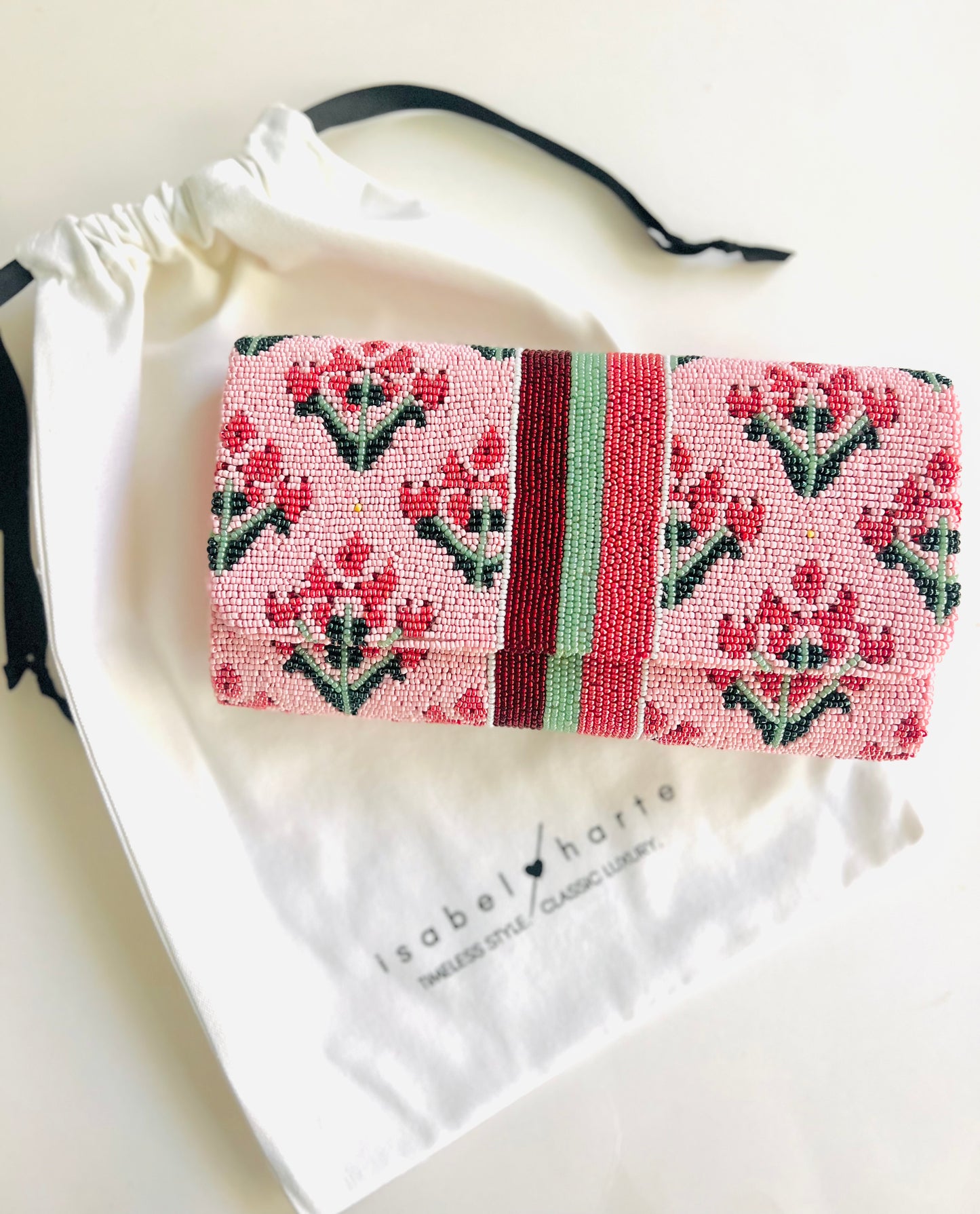 Pink Floral Block Print Beaded Clutch