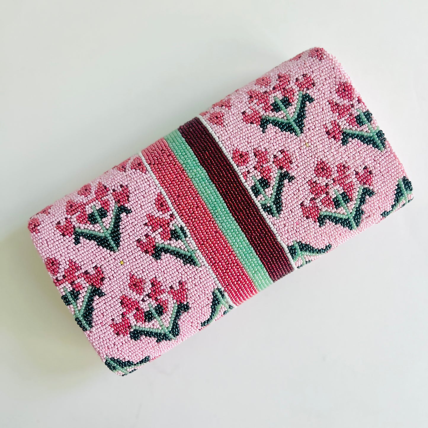 Pink Floral Block Print Beaded Clutch