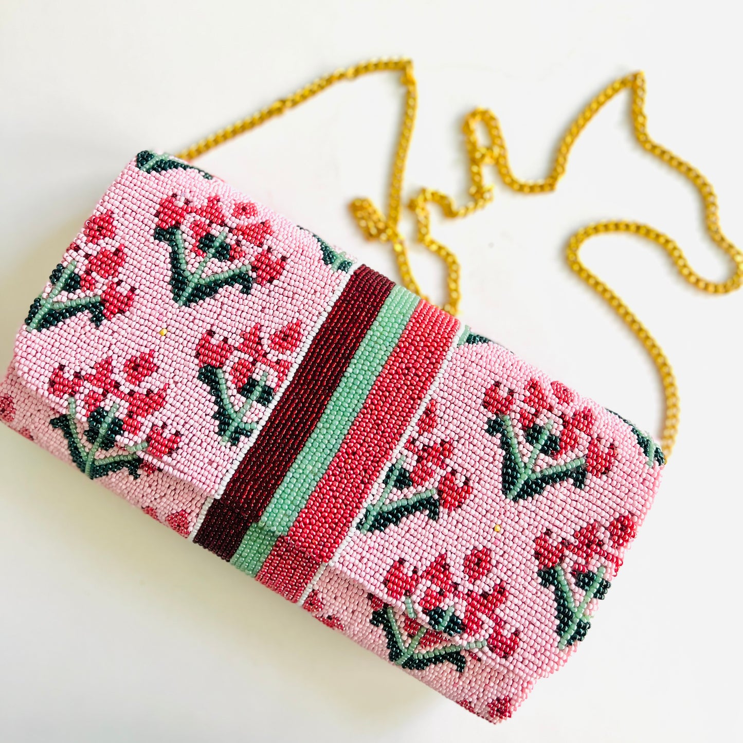 Pink Floral Block Print Beaded Clutch