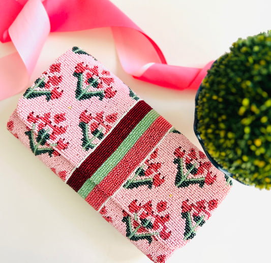 Pink Floral Block Print Beaded Clutch