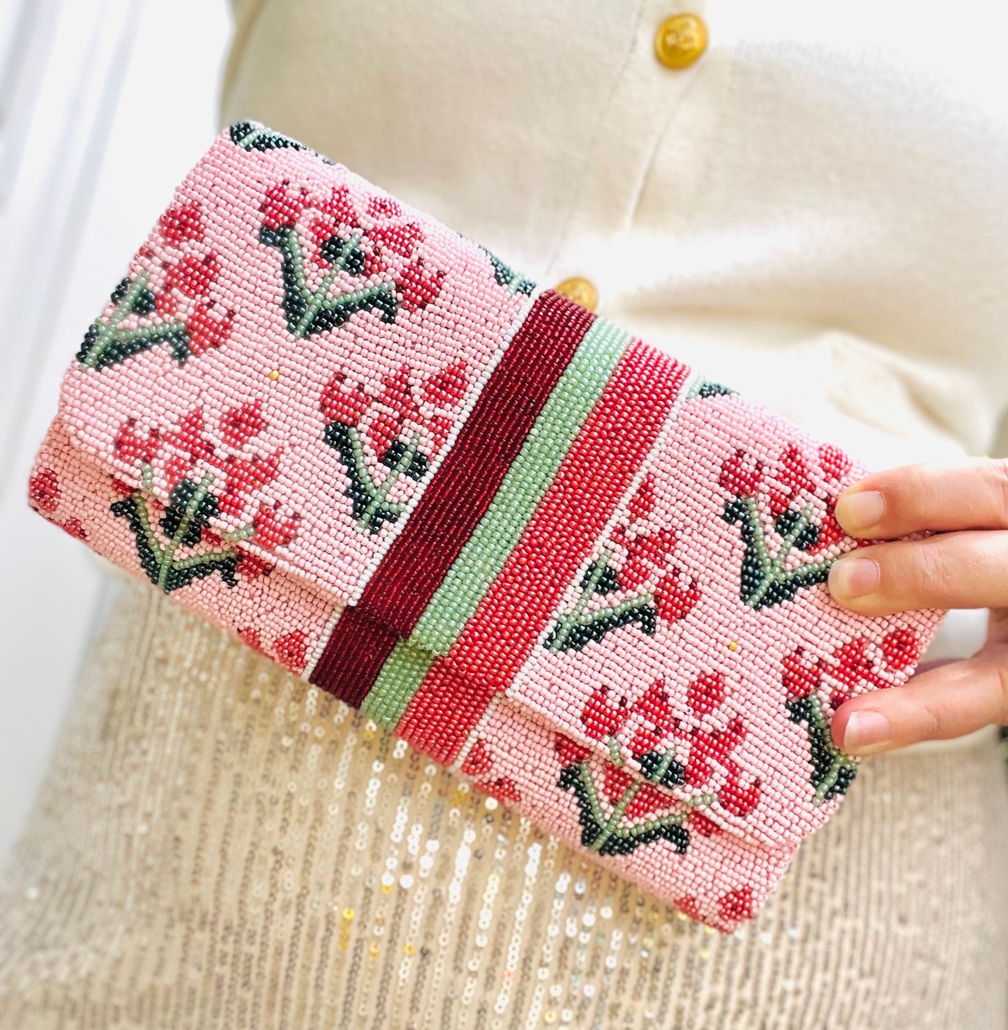 Pink Floral Block Print Beaded Clutch