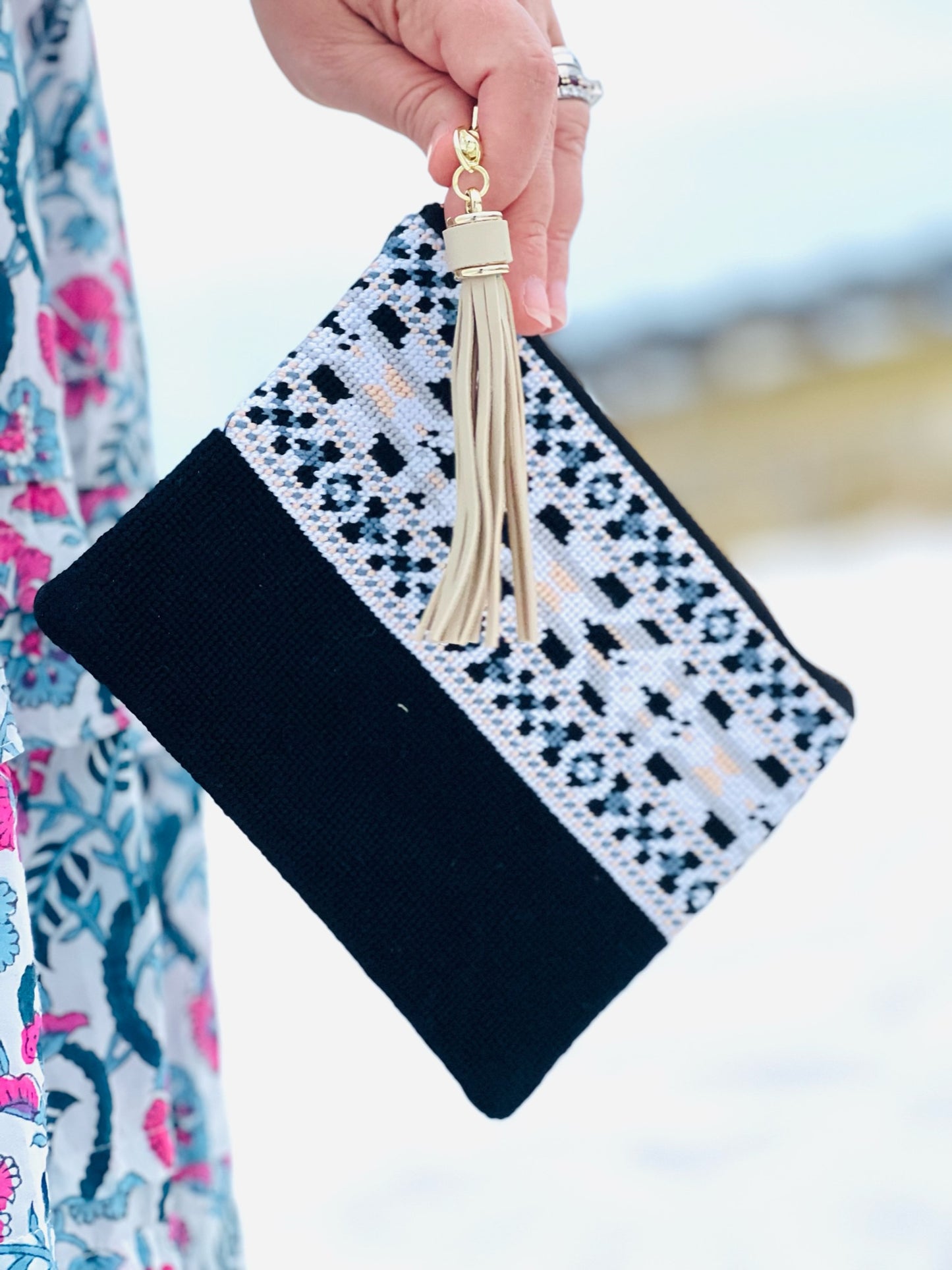 The Ribbon Needlepoint Clutch in Black